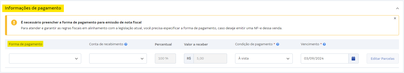 Tela com destaque para o campo Forma de Pagamento na venda.