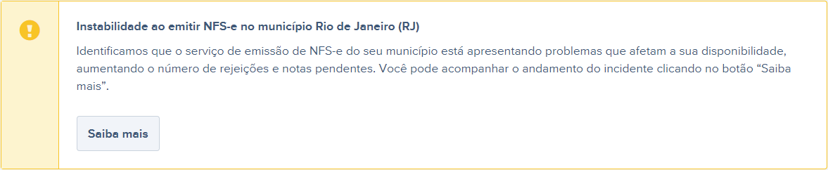 Tela com destaque para detalhamento de instabilidade na prefeitura para NFS-e Aguardando retorno.