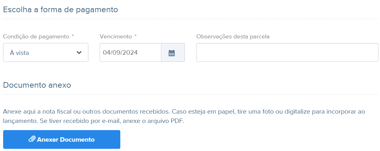 Tela de cadastro de compra de serviços tomados com destaque para os campos Forma de pagamento e anexos.