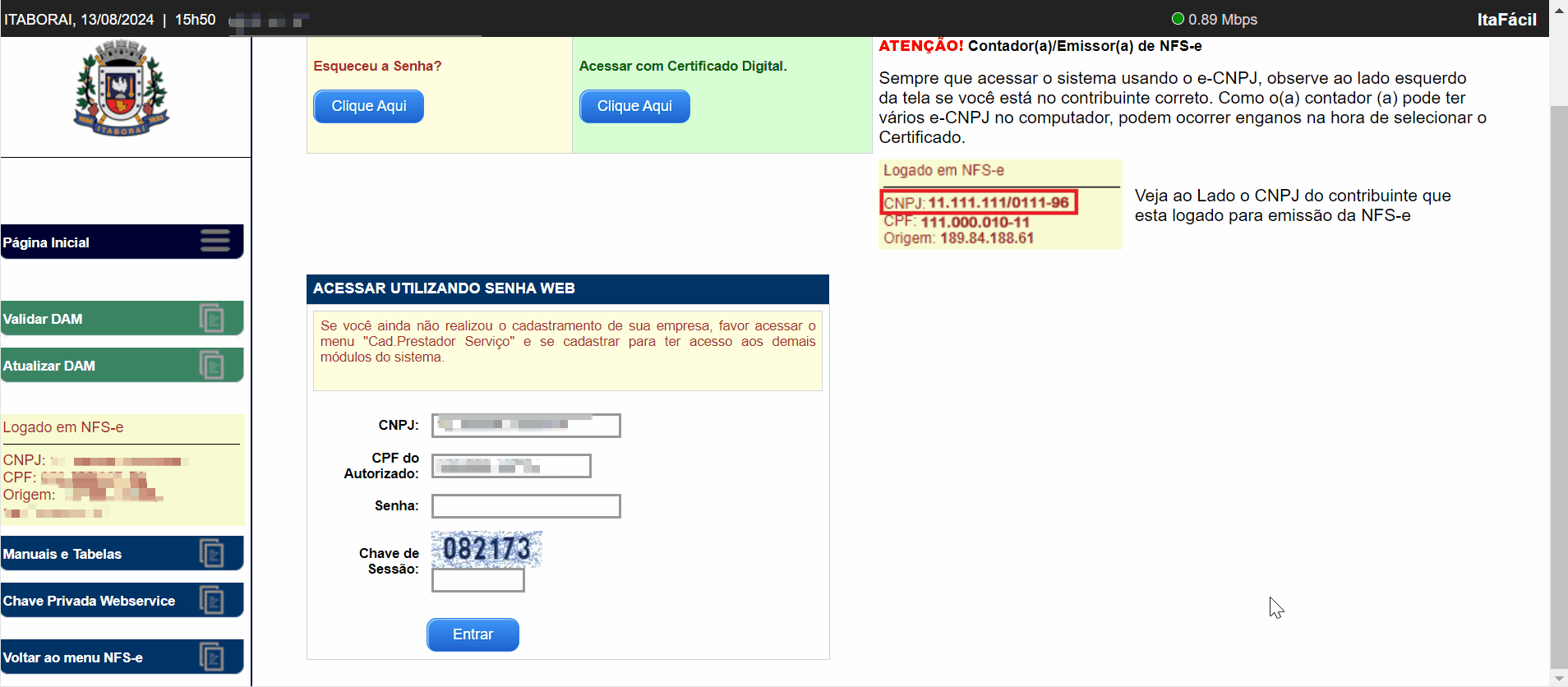 Tela de login no portal da prefeitura.