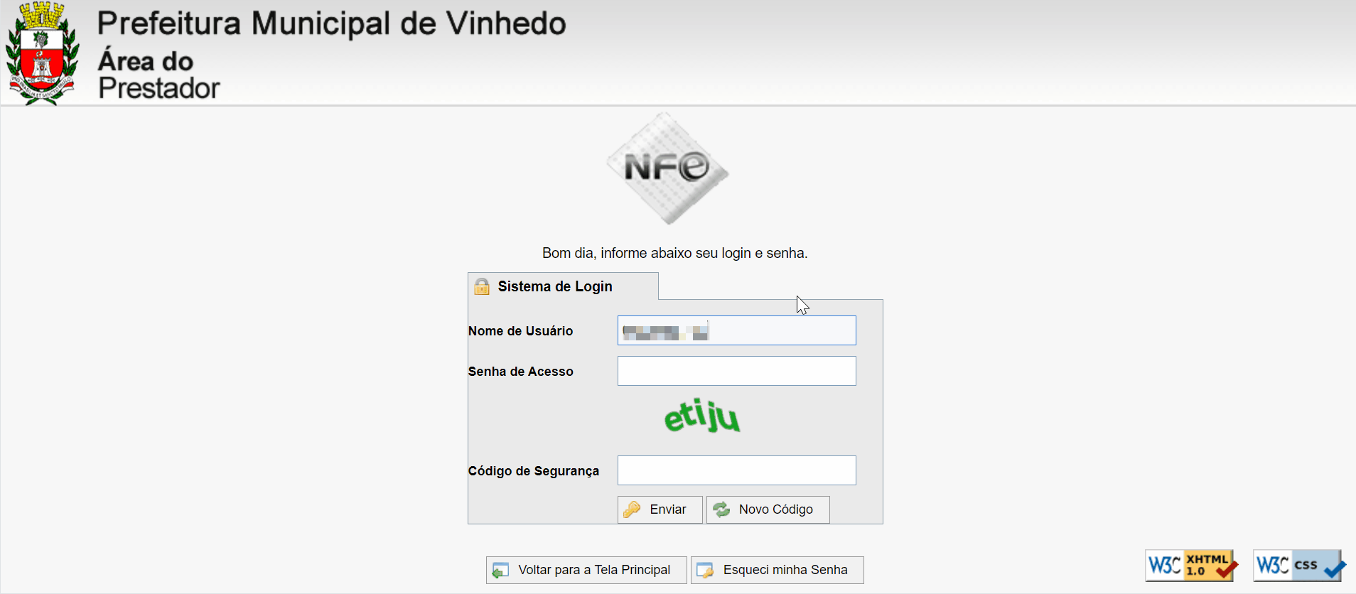 Tela de login no portal da prefeitura.