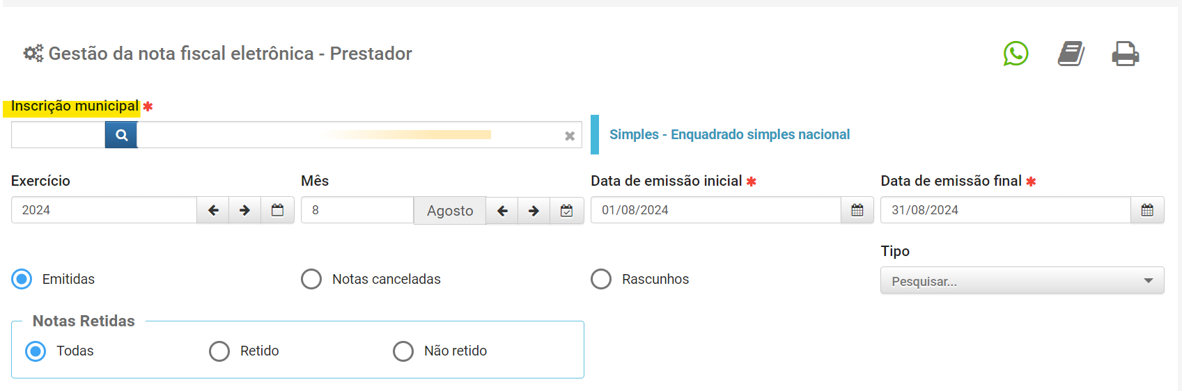 Tela de consulta da Inscrição Municipal no padrão Prodata.