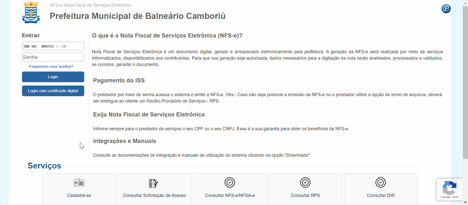 Tela de login no portal da prefeitura.