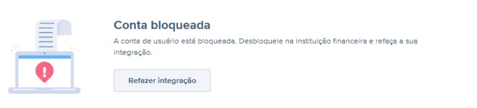 Tela de erro Conta bloqueada na integração bancária automática.