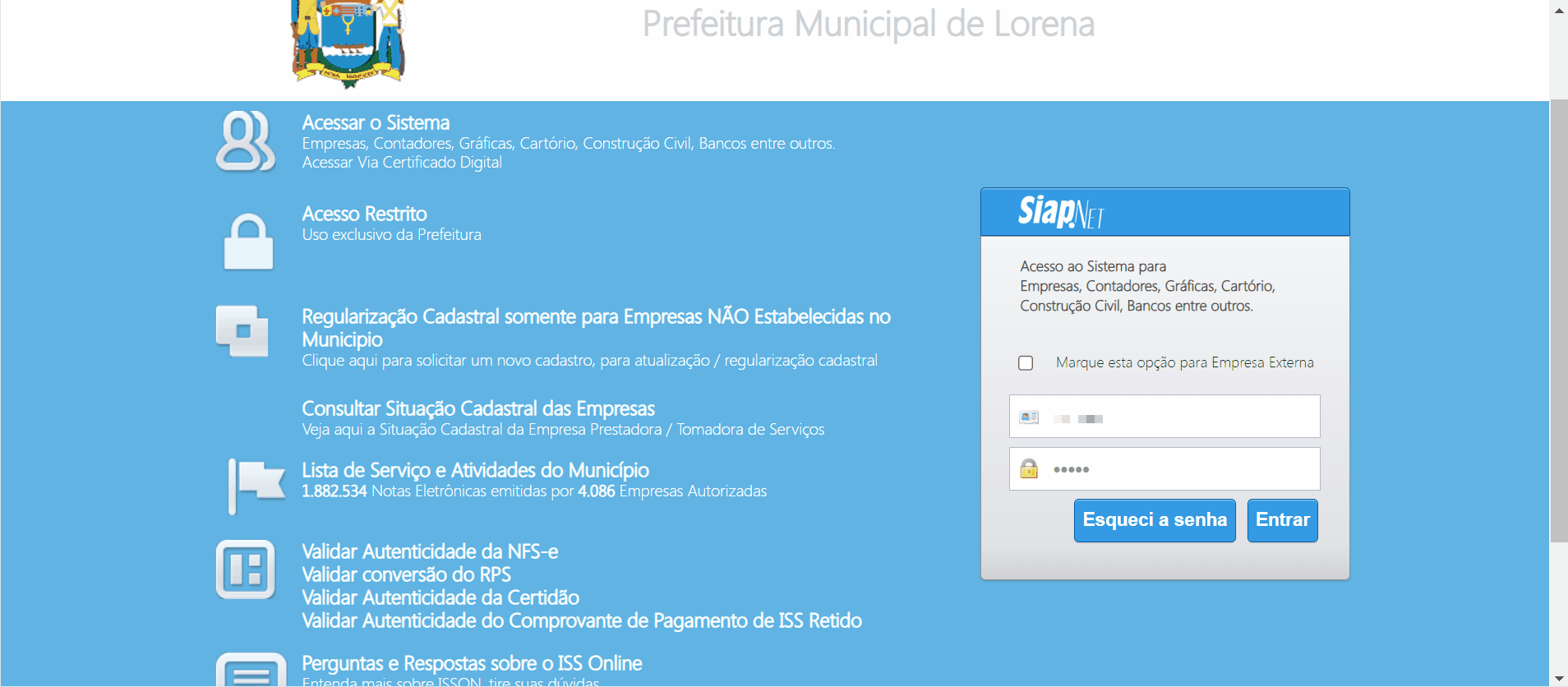 Tela de login no portal da prefeitura.