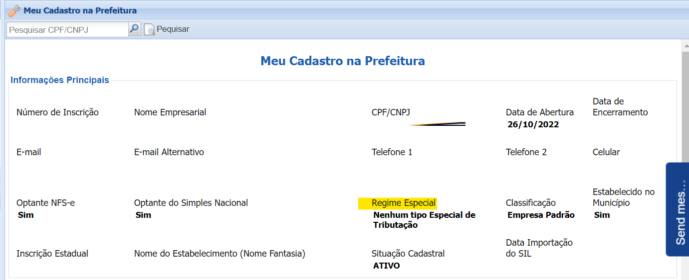 Tela para consulta de Regime especial de tributação no padrão Siap.Net.