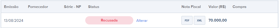 Tela com destaque para o status Recusada.