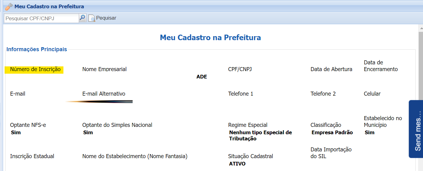 Tela para consulta da Inscrição Municipal no padrão Siap.Net.