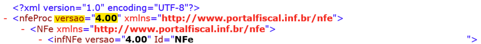 Tela do XML para visualizar a versão do documento.