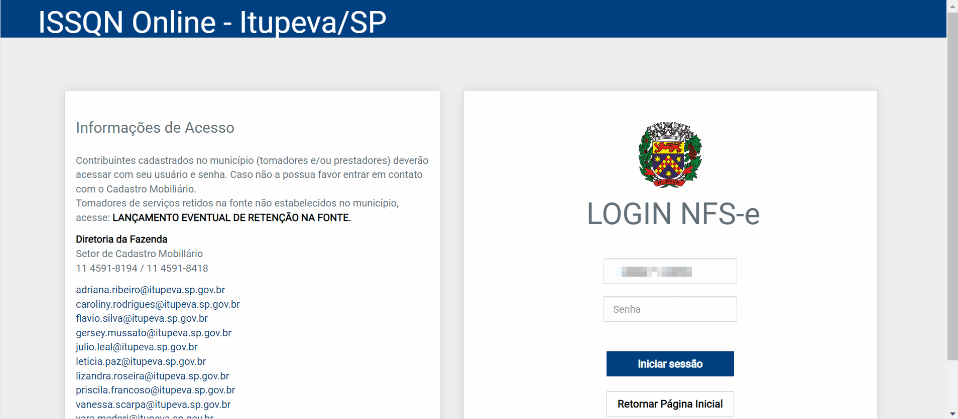 Tela de login no portal da prefeitura.