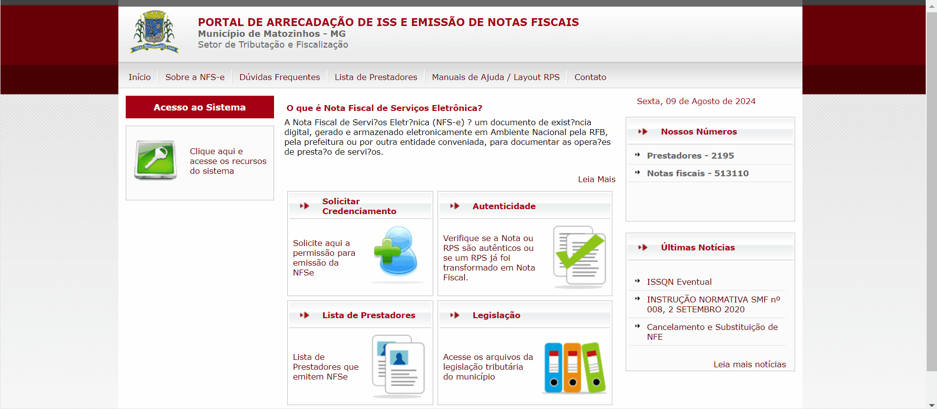Tela de login no portal da prefeitura.