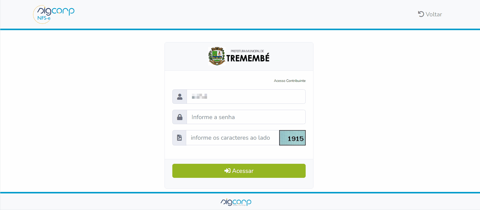 Tela de login no portal da prefeitura.