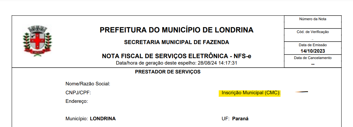 PDF da NFS-e do padrão Sigcorp com destaque para a Inscrição Municipal.