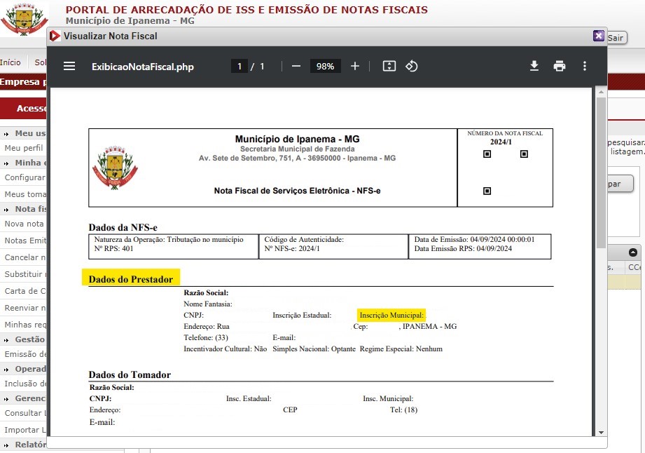 Tela para consulta da Inscrição Municipal no padrão Memory.
