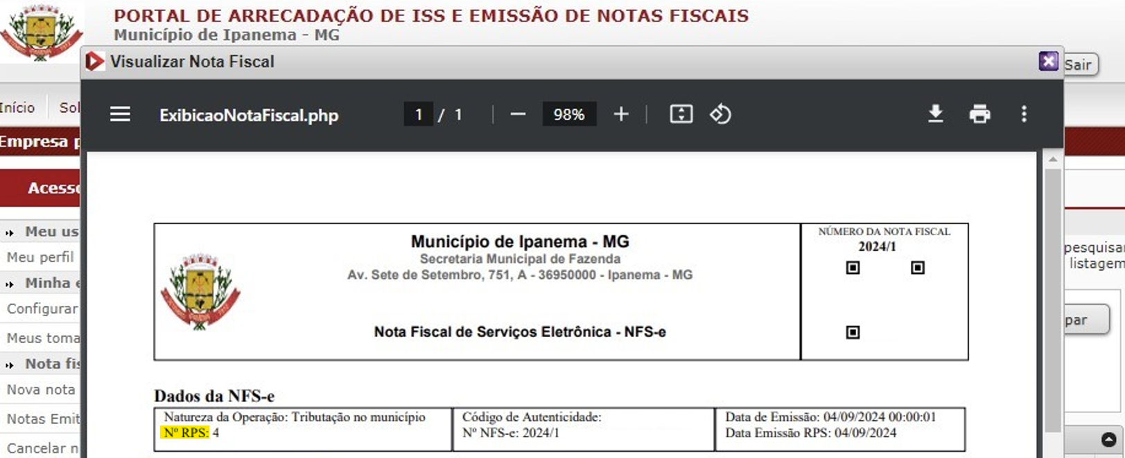 Tela para consulta de Último RPS utilizado no padrão Memory.