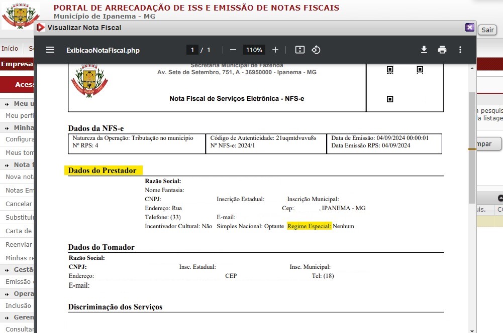 Tela para consulta do Regime especial de tributação no padrão Memory.