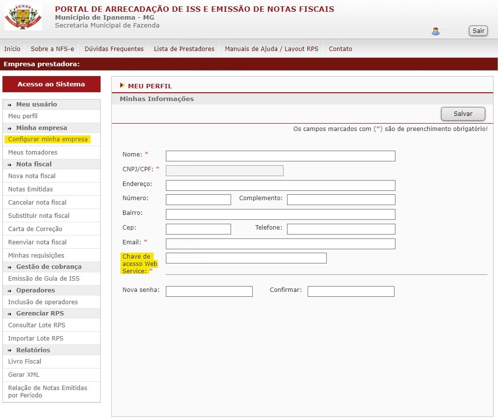Tela para consulta da Chave de acesso Web Service no padrão Memory.