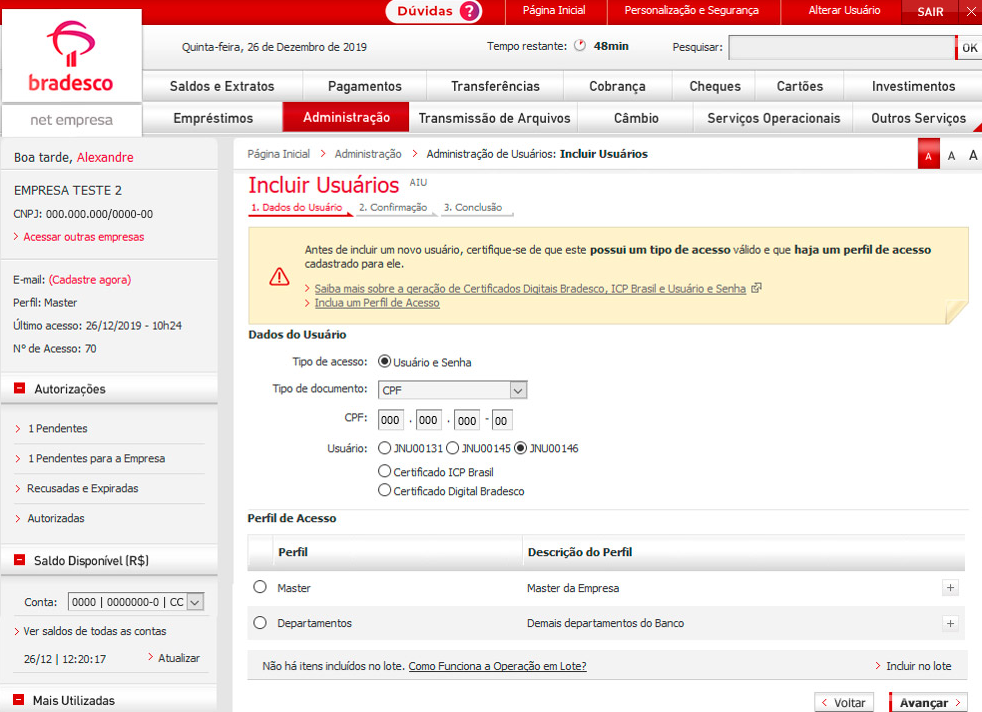Tela do internet banking do Bradesco com destaque para o menu Incluir Usuários.