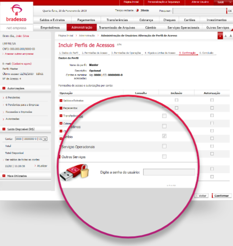 Tela do menu Incluir Perfis de Acesso no internet banking do Bradesco com destaque para a Chave de Segurança.