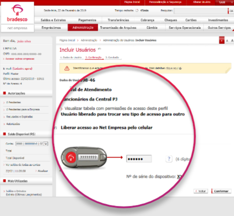 Tela do menu Incluir Usuários no internet banking do Bradesco com destaque para Chave de Segurança.