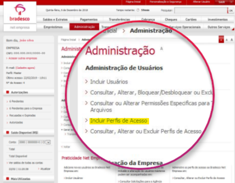 Tela do internet banking do Bradesco com destaque para o menu Incluir Perfis de Acesso.