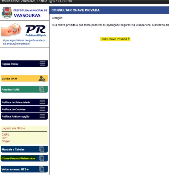 Tela para consulta da Chave Privada Webservice no padrão Prefeitura Rápida.