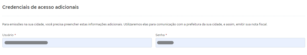 Tela de configurações da NFS-e com destaque para o campo Credenciais de acesso adicionais.