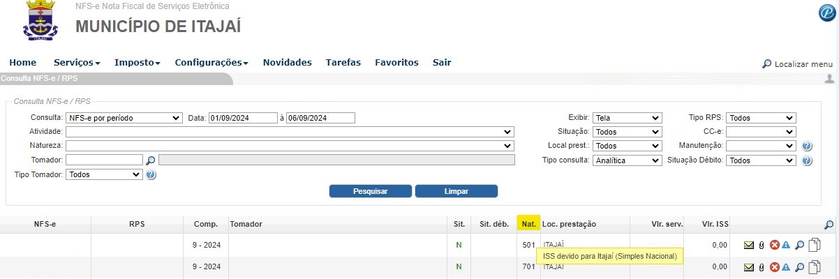 Tela para consulta da Natureza de operação padrão no padrão Pública.