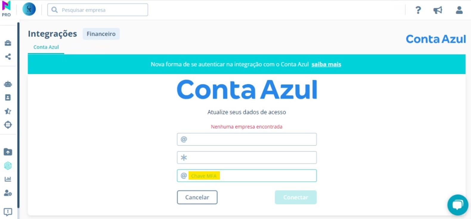 Tela da Nucont com destaque para o campo Chave MFA.
