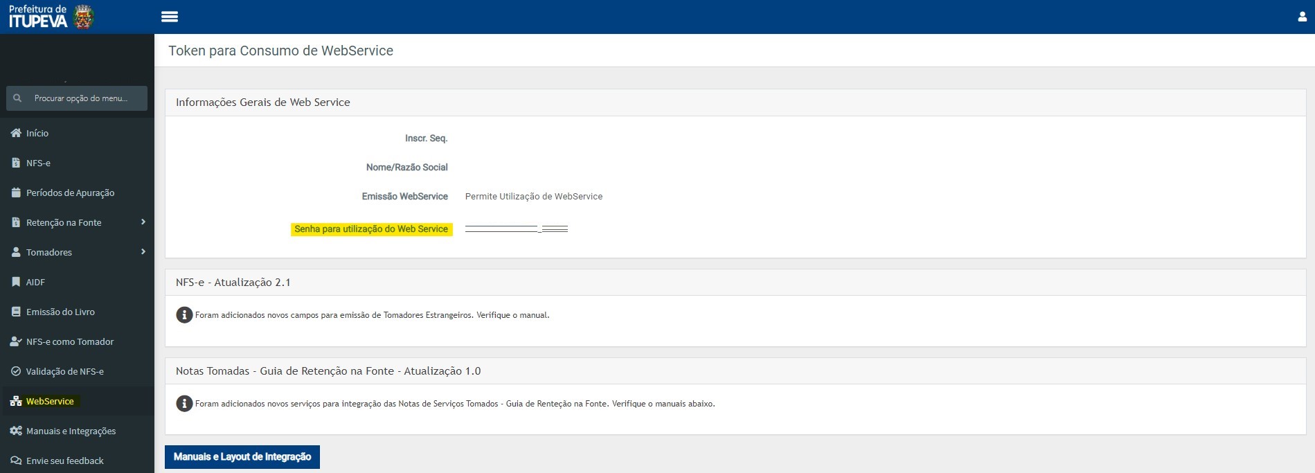 Tela para consulta da Senha para utilização do Web Service no padrão Siappa.