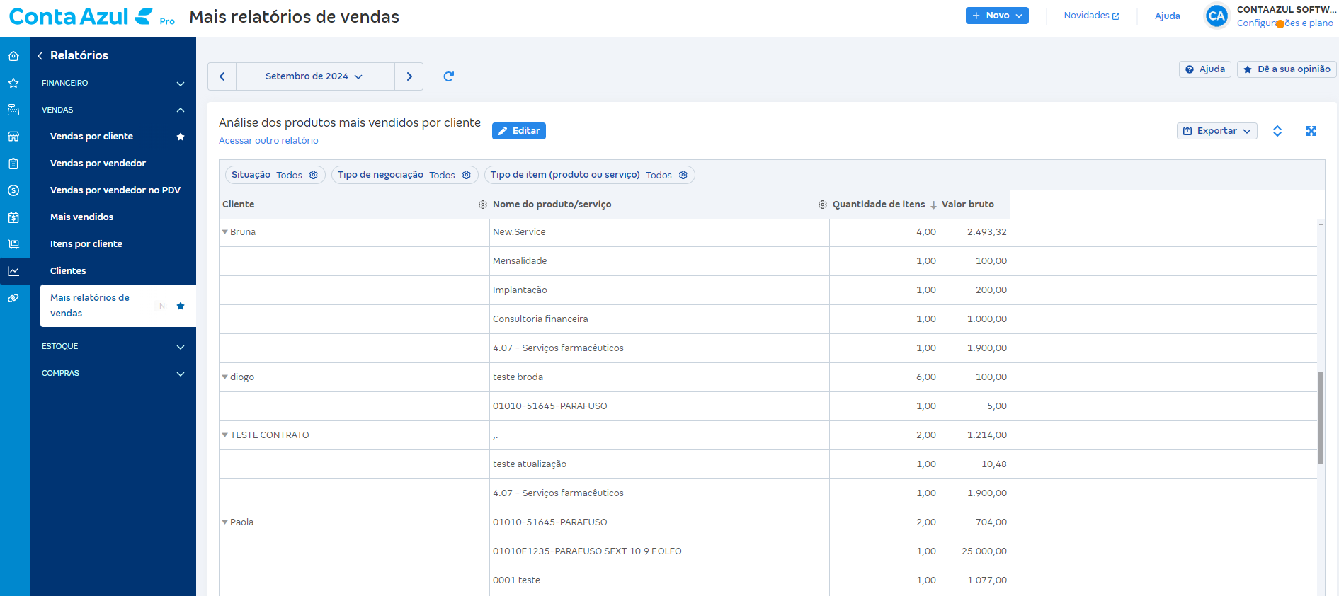 Tela de Análise dos produtos mais vendidos por cliente em Relatórios de vendas.