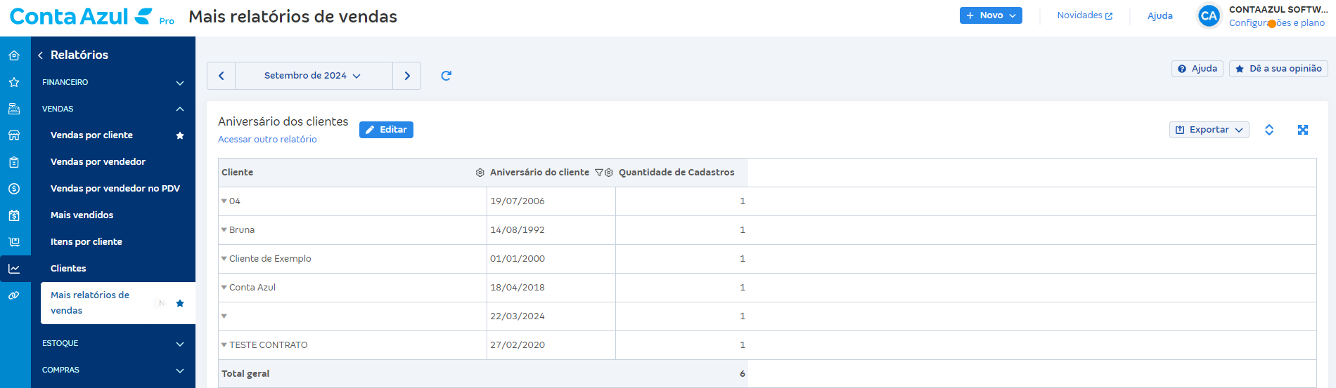Tela de Aniversário dos clientes em Relatórios de vendas.