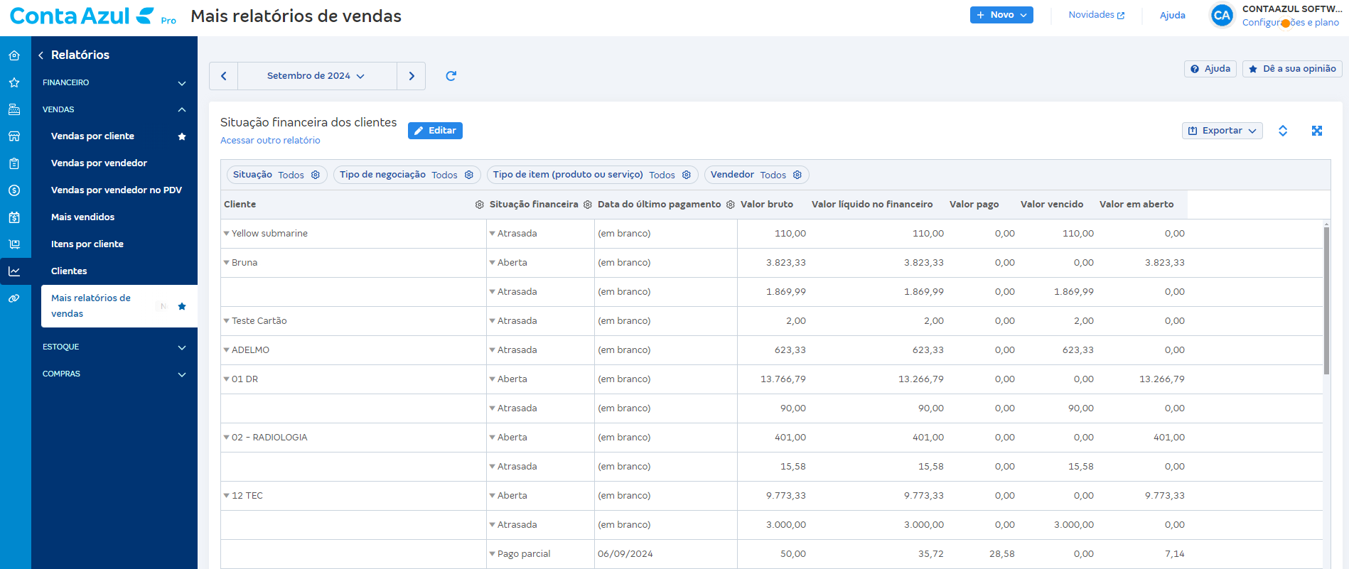 Tela de Situação financeira dos clientes em Relatórios de vendas.