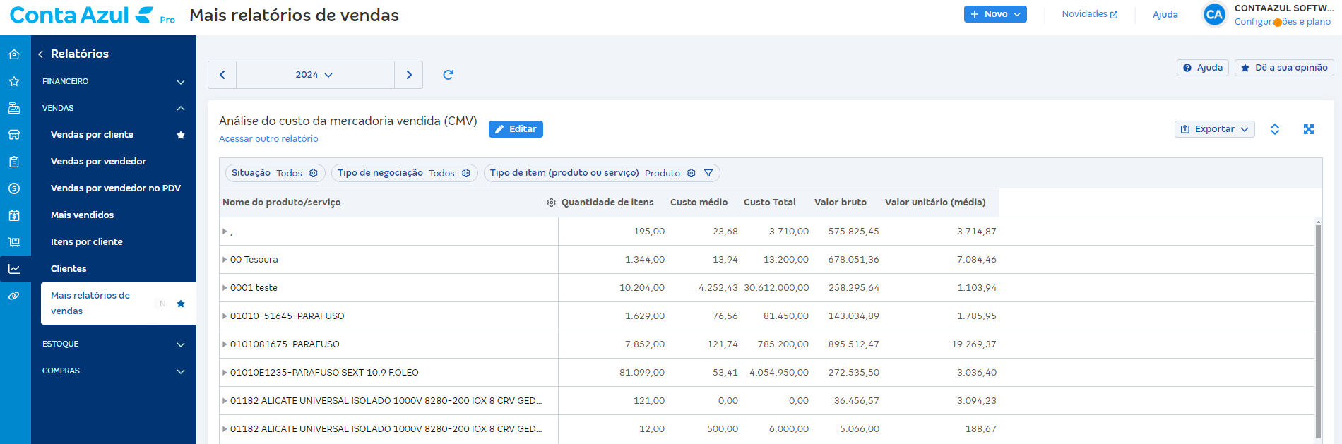 Tela de Análise do custo da mercadoria vendida (CMV) em Relatórios de vendas.