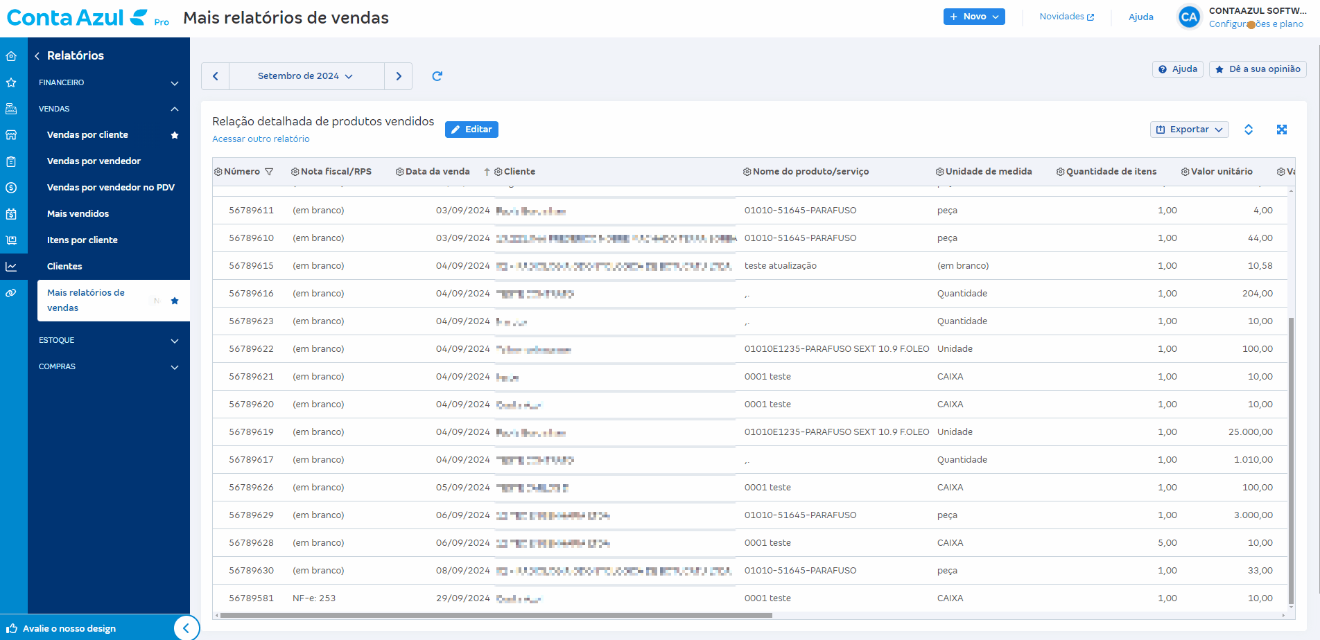 Tela de Relação detalhada de produtos vendidos em Relatórios de vendas.