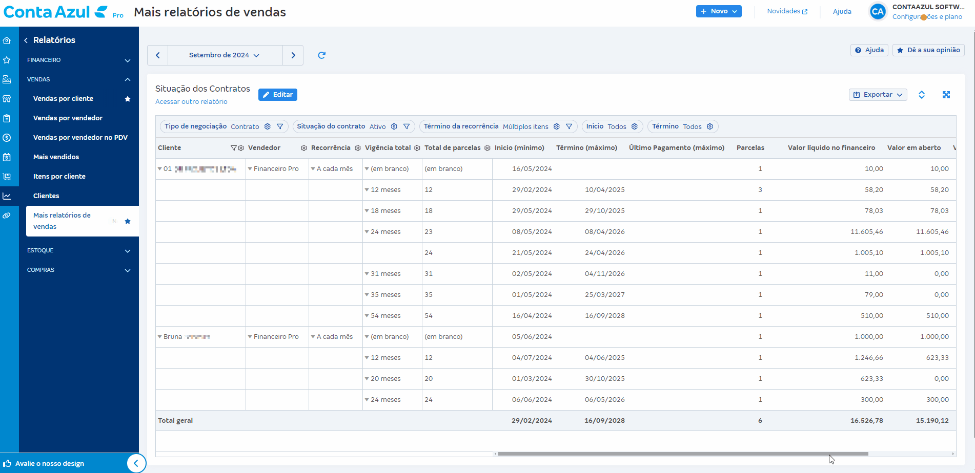 Passo a passo para acessar relatório de Situação dos contratos em Relatórios de vendas.