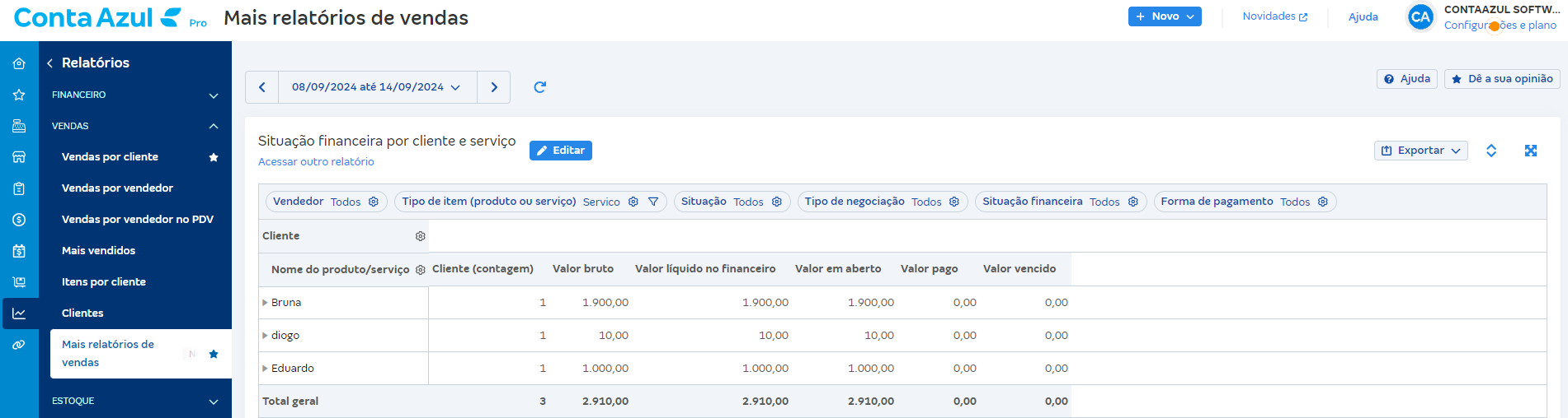 Passo a passo para acessar Situação financeira por cliente e serviço por Mais relatórios de vendas.