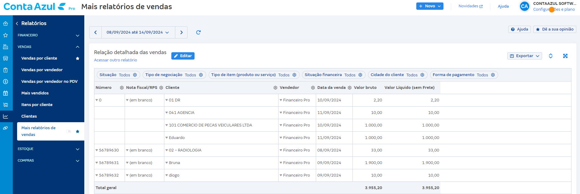 Tela de Relação detalhada das vendas em Relatórios de vendas.