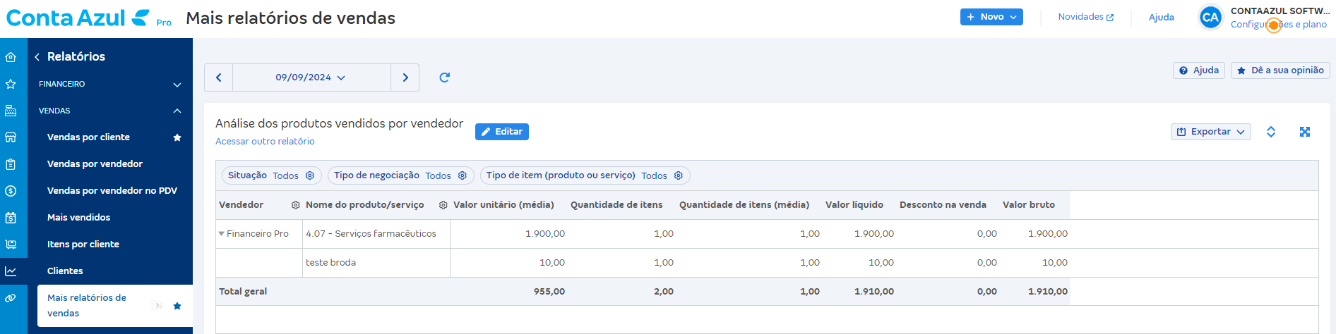 Passo a passo para acessar Produtos vendidos por vendedor por Mais relatórios de vendas.