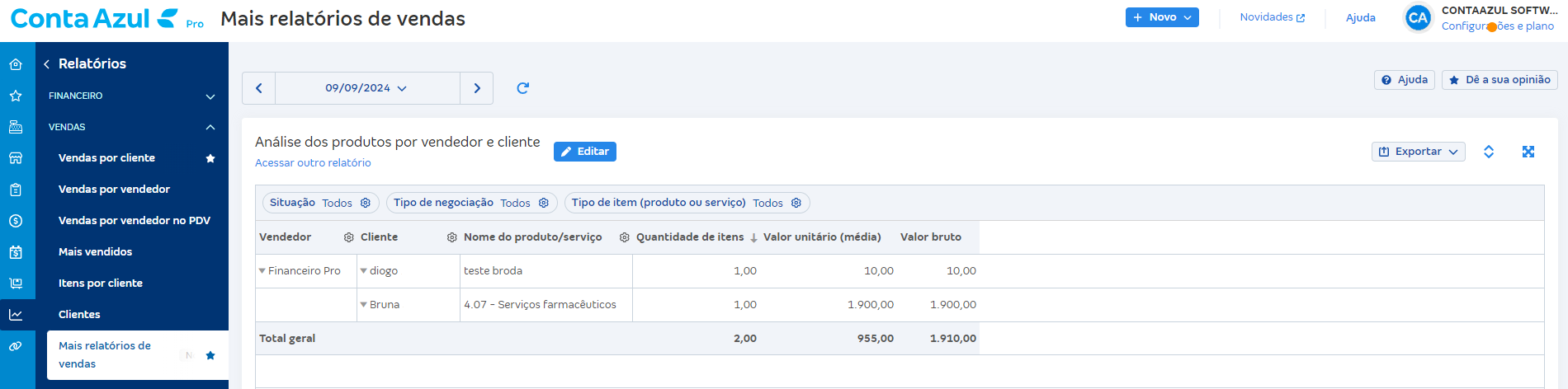 Passo a passo para acessar Produtos por vendedor e cliente por Mais relatórios de vendas.