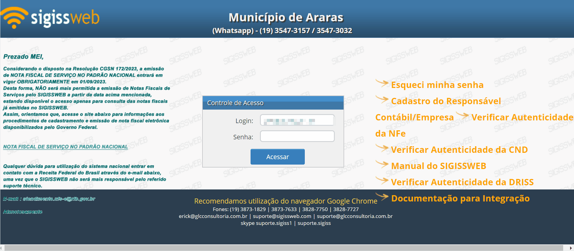 Tela de login no portal da prefeitura.