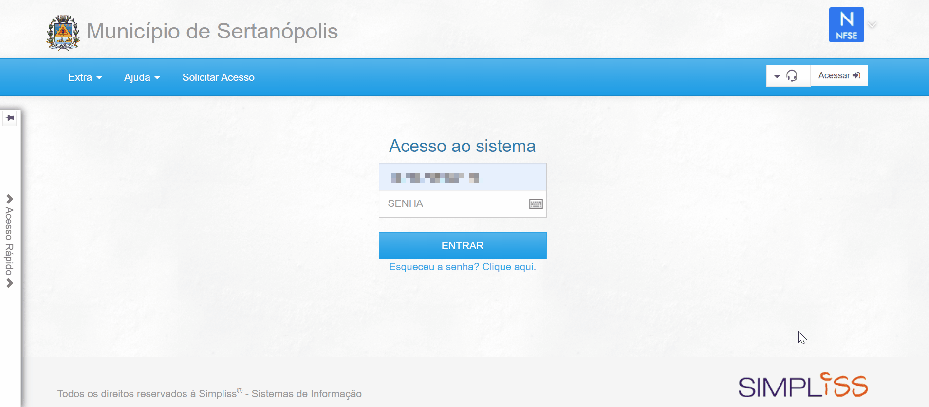 Tela de login no portal da prefeitura.