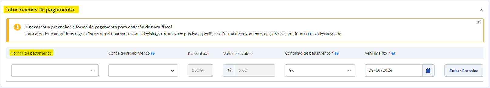 Tela com destaque para o campo Forma de pagamento na criação da venda.