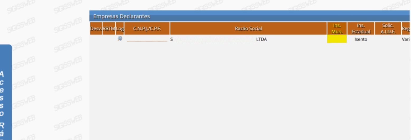 Tela para consulta da Inscrição Municipal no padrão Sigissweb.