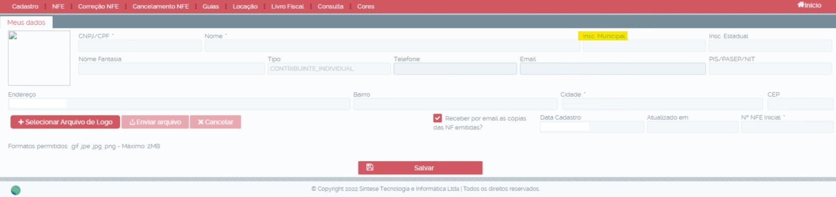 Tela para consulta da Inscrição Municipal no padrão Síntese Tecnologia.