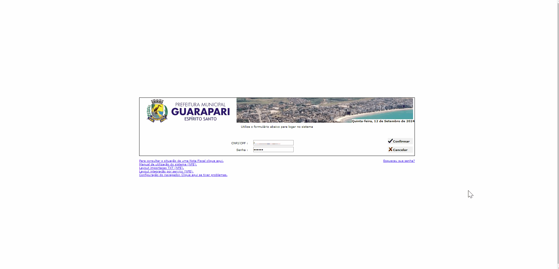 Tela de login no portal da prefeitura.