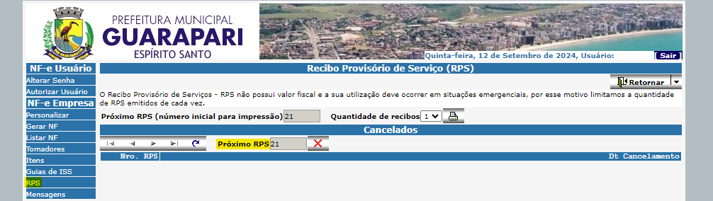 Tela para consulta do Último RPS utilizado no padrão Smarapdsil WS2.