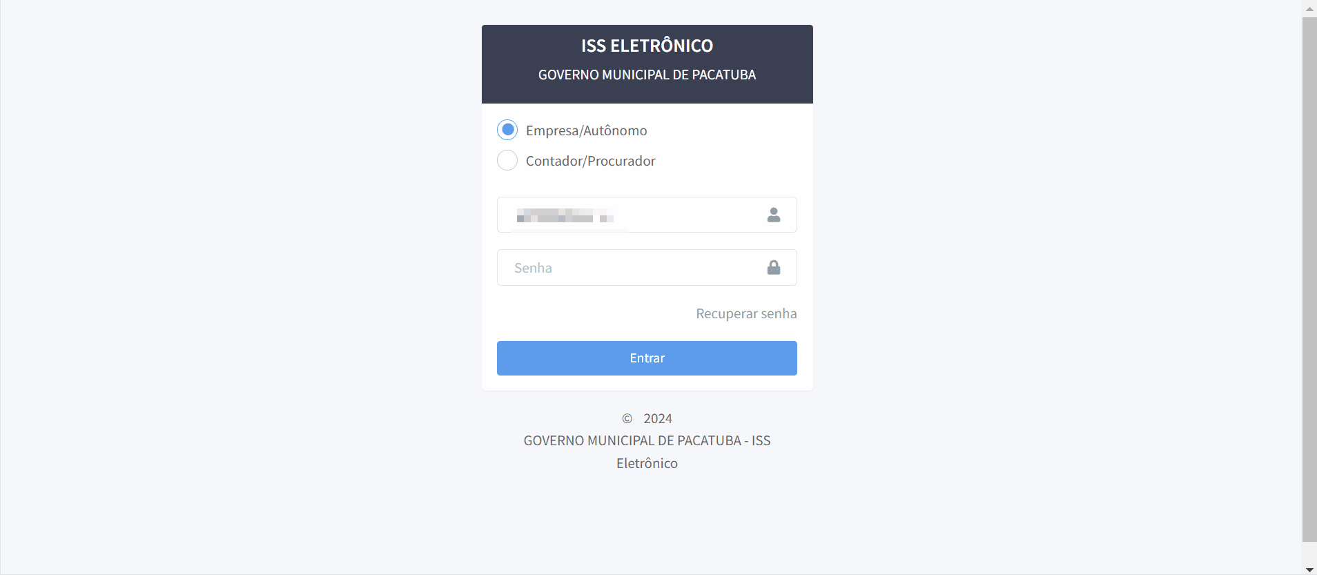 Tela de login no portal da prefeitura.