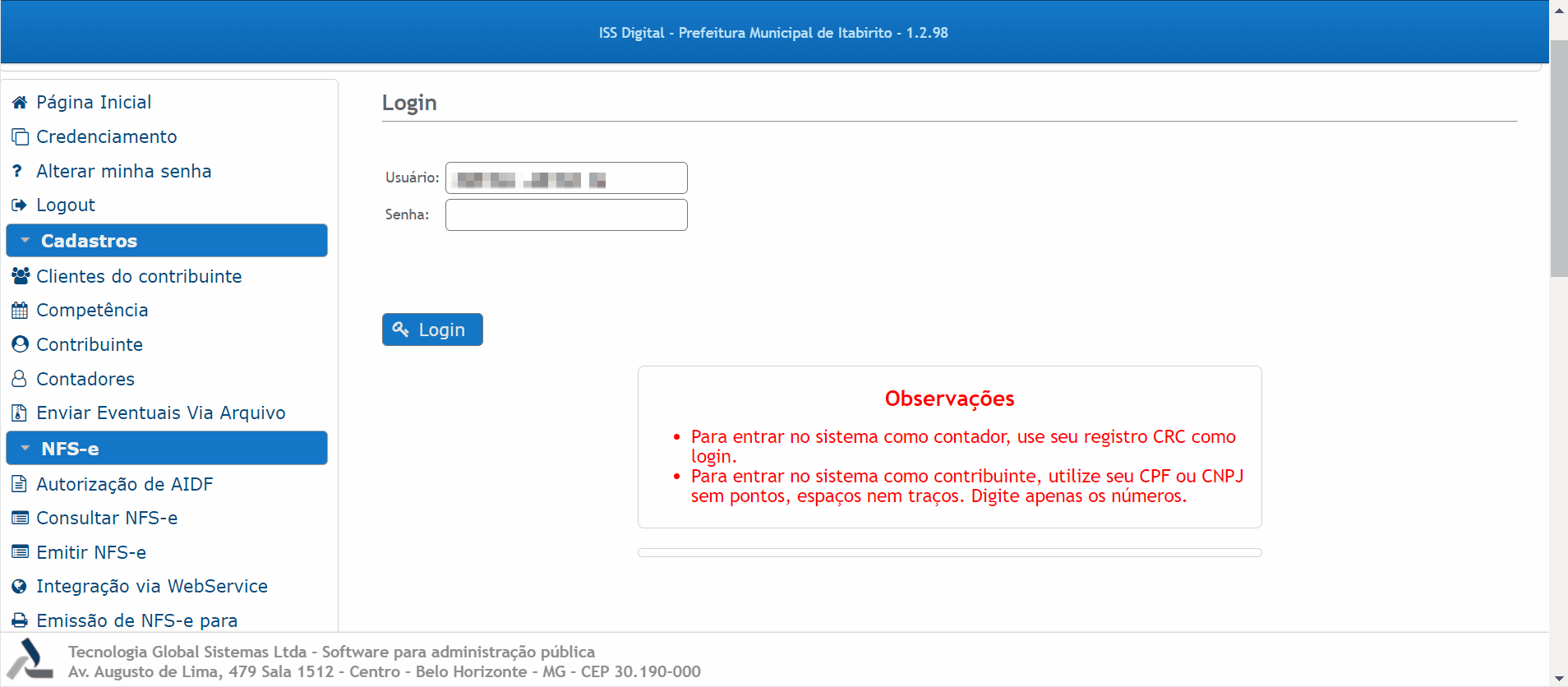 Tela de login no portal da prefeitura.