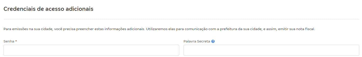 Tela de configurações da NFS-e com destaque para o campo Credenciais de acesso adicionais.